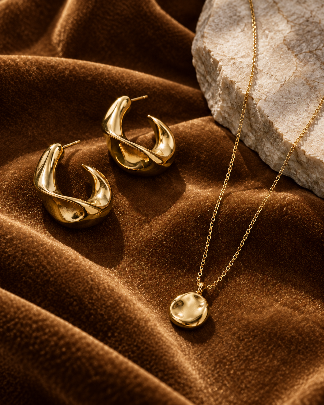 Illustrative gold jewelry arranged on warm brown velvet